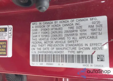 2020 Honda Cr-V Awd Touring z USA, uszkodzony, nr VIN 2HKRW2H90LH634291